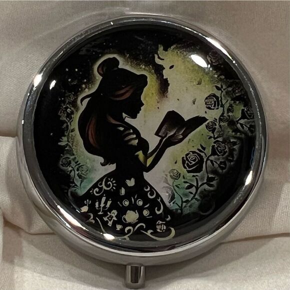 Whimsical Belle Reading Book Pill Box 3 Compartment Medicine Pill Case Metal NEW - Picture 1 of 5